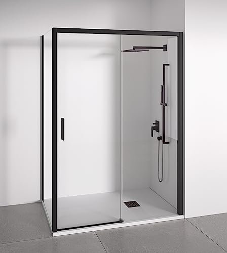Mampara de ducha angular 1 corredera + 2 fijos - sin perfilería inferior - Cristal transparente templado 6mm - Negro mate - Ancho adaptable 135-140 x 87-90cm - Posición puerta izquierda - Alto 195cm