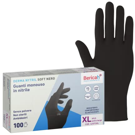 Bericah,Derma Nytril Soft Nero,Guanti in Nitrile, Senza Polvere, Taglia XL,100 Pezzi