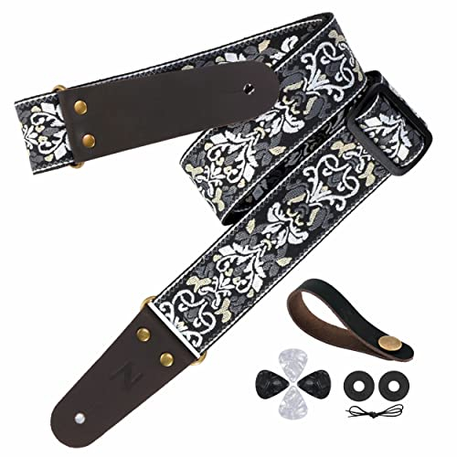 Nefelibata Gitarrengurt, 5,1 cm Jacquard Stickerei Gitarrengurte, Vollnarbenleder Enden mit unsichtbarer Tasche, für Bass, E-Gitarren, kostenlose Schnalle, Gurtschloss und Gitarrenplektren