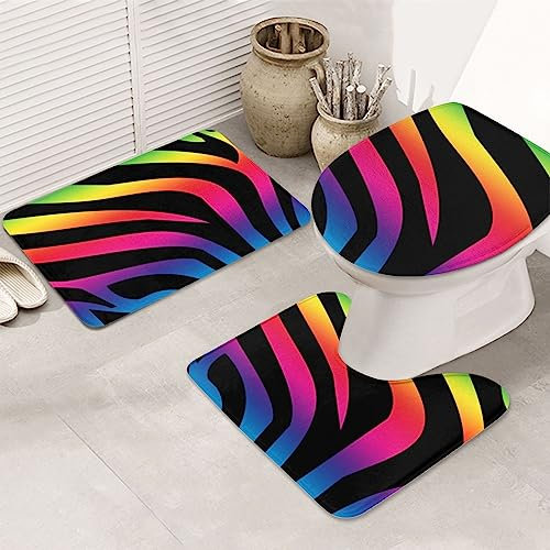 ROOZEE Badematten-Set mit Zebramuster, Flanell, rutschfest, 3-teilig