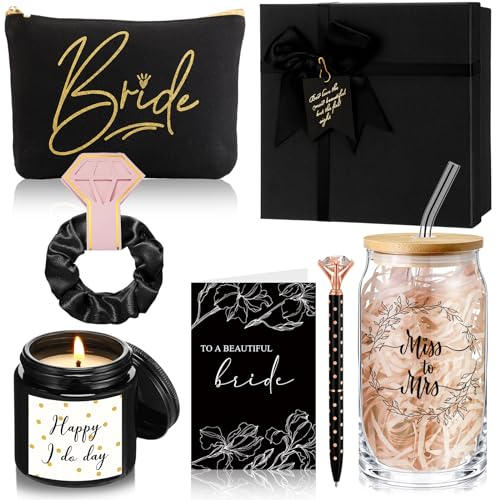 7 Stück Brautgeschenke Brautdusche Geschenk inklusive Mrs Can geformtes Trinkglas mit Strohhalm Braut Make-up Tasche Kristallstift Duftkerze Scrunchies Bast Hochzeitskarte Geschenkbox für Brautdusche