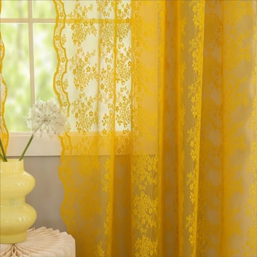 YJ YANJUN Senffarbene Vorhänge für Wohnzimmer, 213 cm lang, Set mit 2 Stück, Vintage-Blumenspitze, goldfarben, durchscheinende Paneele, lichtfilternde Stangentaschen, gelbe Boho-Vorhänge für