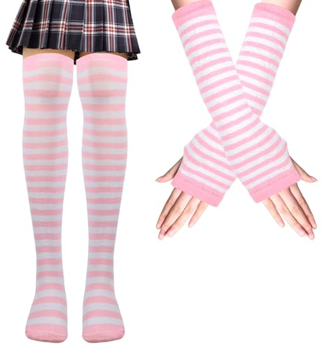 Mayoii Thigh High Socks Fingerless Gloves Set, Long Socks for Women Girls Arm Leg Warmer, Striped Knee High Stockings (Pink and White Stripes)