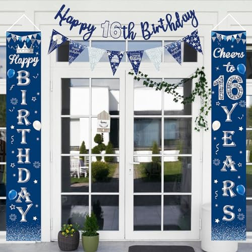 16th Birthday Decorations for Men and Women - Blue Happy Birthday Banners, Triangle Flags, Bunting, Door Porch Sign for Anniversary Party Supplies