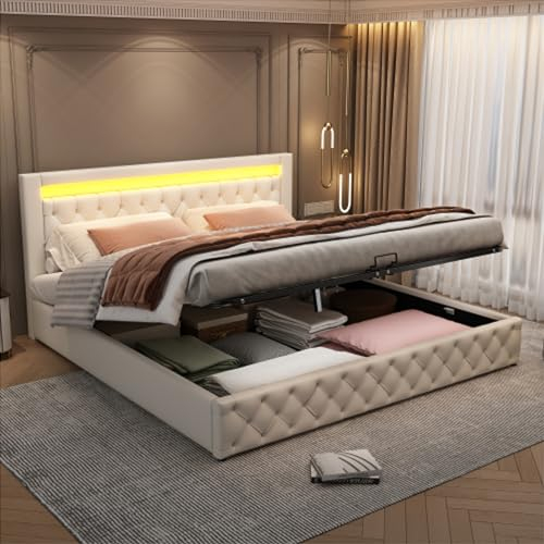 buiesjole Polsterbett Mit Lattenrost Und Stauraum Doppelbett King Size Mit LED-Beleuchtung Jugendbett Für Erwachsene Jugendliche Stauraumbett Mit Bettkasten Gästebett PU weiß 180 X 200 cm