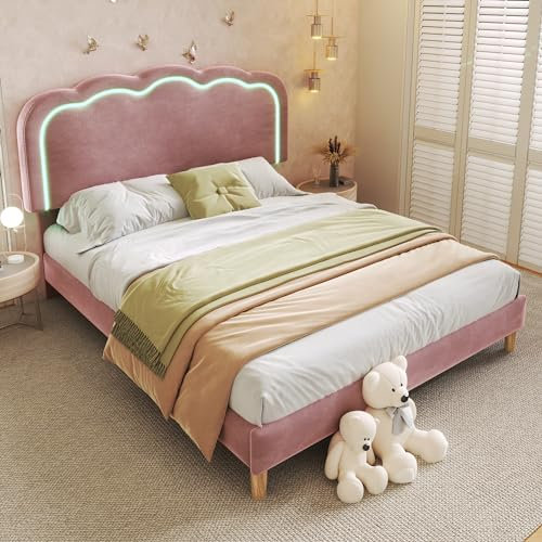 Aunvla Letto Imbottito a LED Matrimoniale 140 x 200 cm, Struttura Con Rete a Doghe e Testiera Regolabile, Colore Rosa, per Camera da Letto e Ospiti