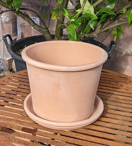 Generisch NEU !! 2 TLG. Set Orig. ital. Blumentopf ø 28 cm inkl. Teller aus Terracotta mit Unterteller Untersetzer Pflanztopf Garten Deko Mediterran Terrakotta Keramik