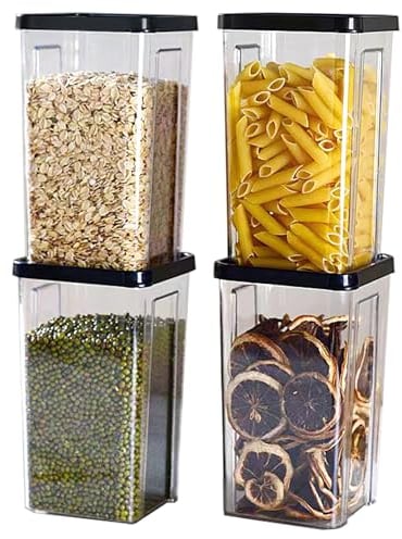 NAVACALA Storage Containers Set of 4, Plastic Airtight Food Storage Containers with Lids, Storage Jars for Storing Pasta, Rice, Cereal Dispenser Kitchen Organiser(Black 1300ml*4)