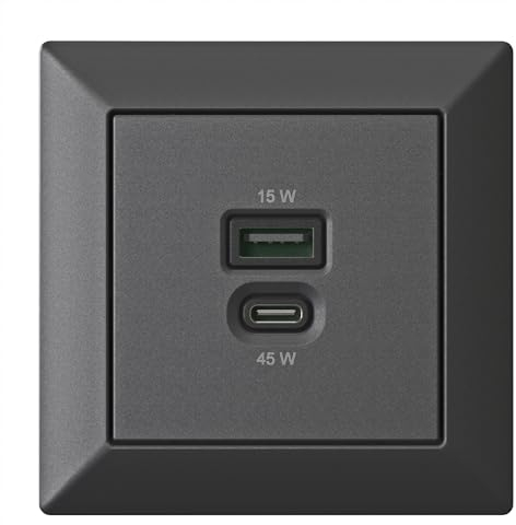 Unterputz USB-Ladestation, USB-C 45 Watt + USB-A 15 Watt Charger, Mattschwarz