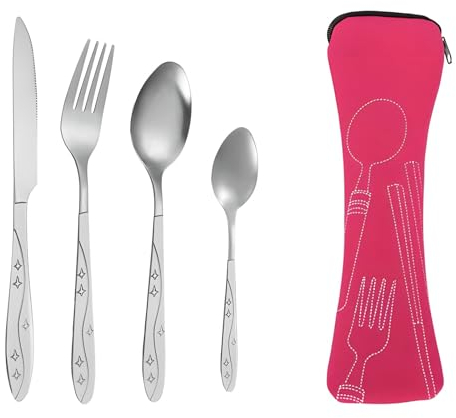 YCLFHOO Travel Cutlery, 4 Pcs Stainless Steel Set with Storage Bag, Camping Cutlery with Spoon, Knife and Fork, Suitable for Picnic/School/Office - Pink