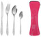YCLFHOO Travel Cutlery, 4 Pcs Stainless Steel Set with Storage Bag, Camping Cutlery with Spoon, Knife and Fork, Suitable for Picnic/School/Office - Pink