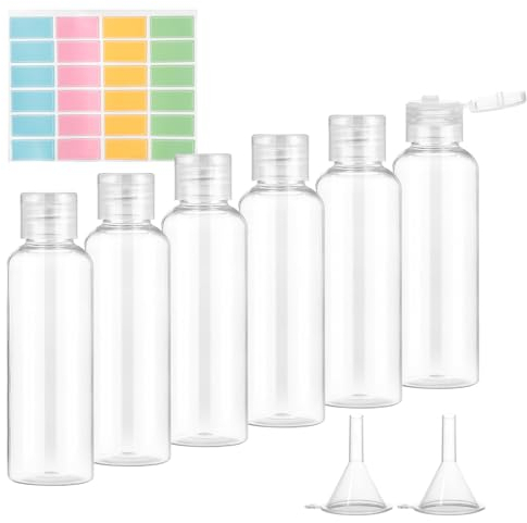 Flacon Voyage Avion, Romon 6 Pièces 100ml Vides en Plastique Transparent Kit Voyage Avion avec 2 Entonnoirs & 24 étiquettes Voyage Accessoires Contenant Voyage pour Bagages à Main Liquides Cosmétiques