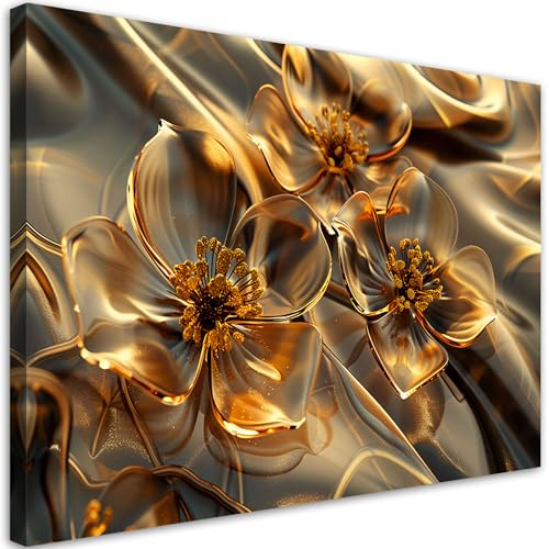 Feeby Leinwand Bilder - Bild Wohnzimmer - Gold Glasblumen 3D - 120x80 1tlg - Deko Schlafzimmer Groß - Dekoration Canvas - Gemälde - Modern Wandbilder - Kunstdruck