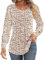 Cuptacc Langarmshirts Damen Elegant Puffärmel Knöpfen Tunika Rundhals Plissee Oberteil Für Fraun Weiß Braun Blumen 2XL 50-52