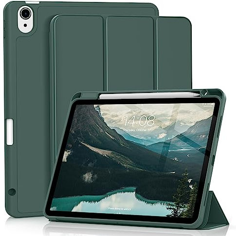 GKABXY Case for iPad Air 11 inch M3 2025/M2 2024, iPad Air 5th/4th Generation (2022/2022) with Pencil Holder, Ultra-thin soft tri-fold bracket, Auto Wake/Sleep, Dark Green