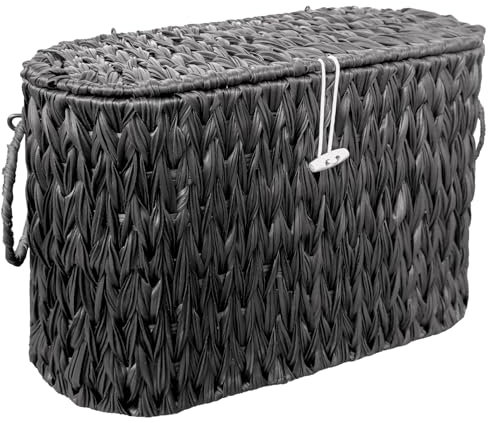 Coeusy Black Toilet Paper Basket with Lid,Wicker Toilet Paper Storage Stand,Large Narrow Bathroom Towel Basket Mega Roll Container Bin for Toilet Tank,Floor
