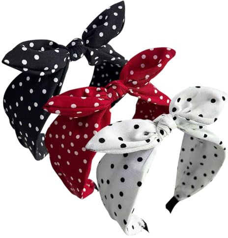 FSSTUD Lot de 3 bandeaux à pois avec nœud papillon - Doux et mignon - Avec oreilles de lapin - Bandeau vintage en tissu - Accessoires pour cheveux