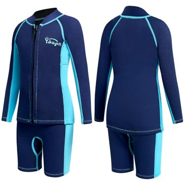 Yikayin Kids Wetsuit, 2mm Two Piece Boys Girls Wetsuits Kid Neoprene Swimsuit Thermal Long Sleeve Top+Shorts Keep Warm Sun Protection Front Zip Ultra Stretch Diving Suit Chlid Wetsuit for Watersport
