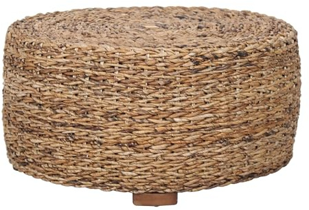 East at Main Abella Round Wicker Banana Leaf Coffee Table, Coastal Boho Abaca Coffee Table with Natural Finish, 28.5 W – Handcrafted Farmhouse Accent Table for Living Room or Small Spaces