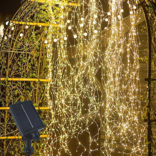 Gresonic Solar Powered Waterfall Tree Fairy Lights, 400LED 8Modes Strands Outdoor Waterproof Copper Wire Branch String Light Micro LEDs for Garden Yard (8 Modes Warm White Solar Powered, 400LED)