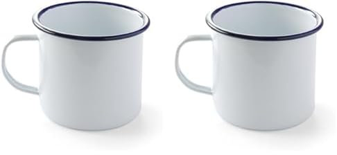 HENDI Tasse Mug en acier émaillé blanc, avec bord bleu, pour le petit déjeuner, tasse à thé, tasse à café, pour boissons chaudes et froides, pour le camping, crème glacée, 0,52L, ø100x(H) 90mm
