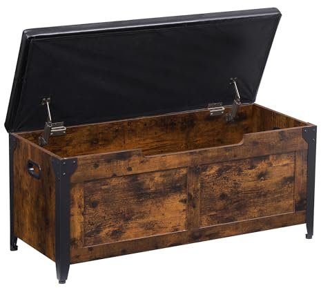 OPULENTHOME Truhe Mit Deckel,Sitzbank Mit Stauraum,100cm Lang,Mit 2 Sicherheitsscharnieren,Verstärkter Metallrahmen,136KG Belastbar, Sitztruhe Holz für Flur,Schlafzimmer,Wohnzimmer,Braun