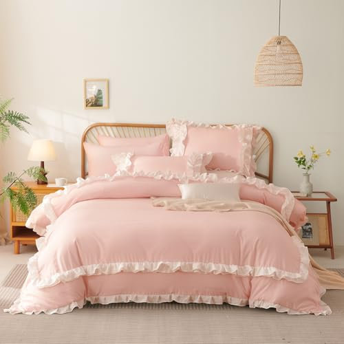 Jolusere Bettwäsche-Set mit Rüschen, 3-teilig, Shabby-Chic-Stil, Bauernhaus-Bettwäsche-Set, 100 % gewaschene Mikrofaser, Boho, romantisch, gerüscht, mit Reißverschluss und Eckbändern, 2 Kissenbezüge
