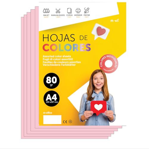 Papier A4 Couleur - Feuilles A4 80g Pour Imprimante Jet d'Encre et Laser, Ramette Papier Pour Loisirs Créatifs, Bricolage et Décoration M-office (50 feuilles, Rose Clair)