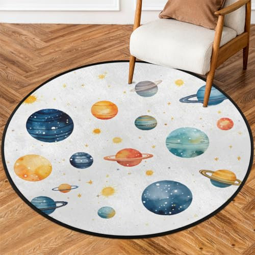 Mexpekil Runder Teppich mit Planeten-Weltraum-Muster, 92 cm, rutschfest, waschbar, saugfähig, kreisförmig, Teppich, Fußmatten für Wohnzimmer, Schlafzimmer