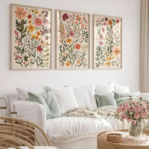 3er Poster Set, Vintage Abstrakte Blumen Bilder, Ästhetische Wildblume Rustikale Kunstdrucke & Wandbilder für Wohnzimmer Schlafzimmer, Ohne Rahmen (40x50cm,ABC)