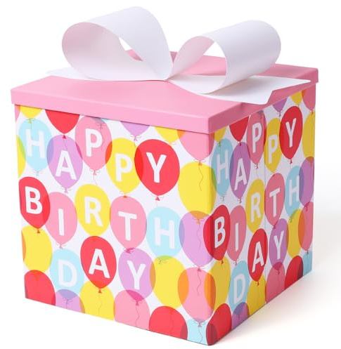 BIOBROWN Mittlere Geschenkboxen mit Deckel, 22 x 22 x 22 cm, rosa Ballon-Design, faltbar, für Geburtstage, Babypartys und andere Feiern
