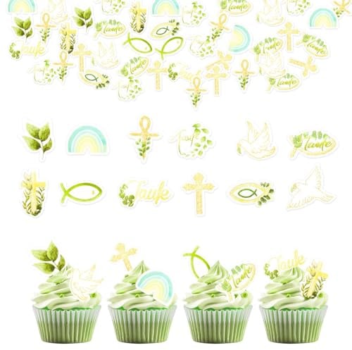 48 Stück Essbare Cake Topper Taufe, Cupcake Topper Taufe Tortendeko Essbar, Essbar Deko Kommunion, Kreuzen Kuchen Deko, Tauf Kuchen deko Essbars für Mädchen Junge