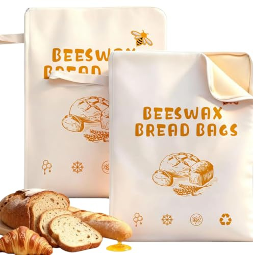 2 Pack Extra Large Beeswax Bread Bags with Zip Closure – Reusable Cotton Linen Bread Storage Bags with Natural Beeswax Lining for Sourdough & Artisan Loaves