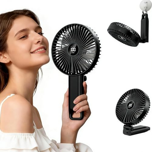 Large Portable Handheld Desk Fan, 6 Inch Blades, 180° Foldable for Travel | 5 Speeds, LED Display, Battery Rechargeable USB, Up to 8.5H Working Time, Indoor Outdoor Travel Office