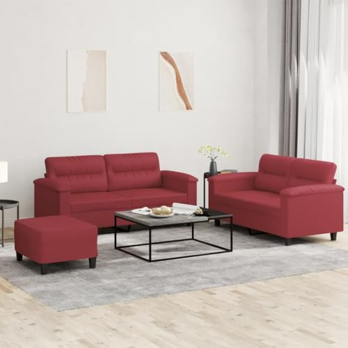 KKgypkn Stabiles Sofa Set mit Metallgestell, schmutzabweisende Sofagarnitur für Zuhause aus Kunstleder, Moderne Sofagarnitur mit Kissen in Weinrot, 3-TLG.