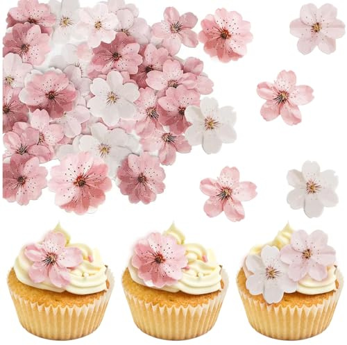 Tortendeko 50 Stück, Essbare Blumen für Torte, Rosa Kirschblüten Torten Deko aus Reispapier, Kuchendeko essbar für Hochzeit, Geburtstag und Cupcakes, Tortendeko Blumen essbar