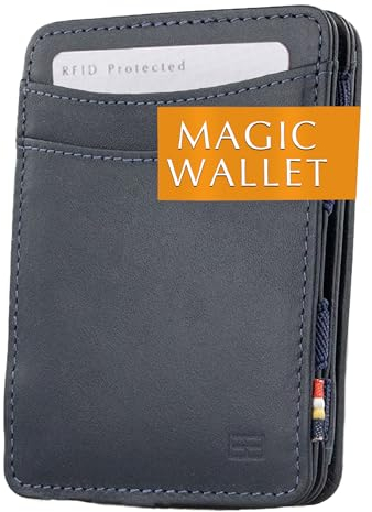 Hunterson Flacher Geldbeutel Fuer Herren aus Leder, Magic Wallet mit RFID-Schutz, Geldboerse mit Kleingeld und Platz Fuer 6 Karten, Blue