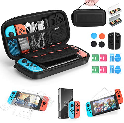 iAmer 11 in 1 Zubehör für Nintendo Switch, Tasche für Nintendo Switch and Transparent Hülle and 3 Displayschutzfolie and Silikon Tasche für Joycon and Game Card Tasche