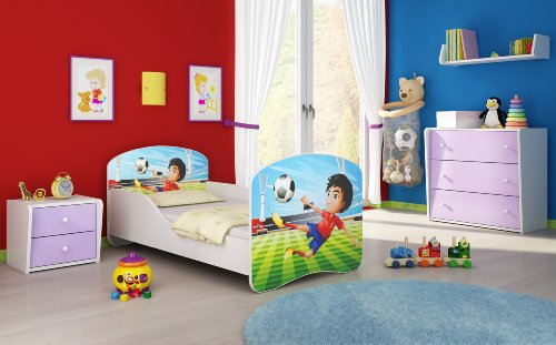 Kinderbett Jugendbett Komplett mit einer Schublade und Matratze Lattenrost Weiß ACMA I (180x80 cm, 13 Fußballer)