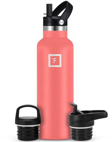 Insulated Water Bottle with Straw Lid Narrow - 590ml (3 Lids) - Cold 24hrs & Hot 12hrs Drinks - Double-Walled Stainless Steel Metal Leakproof Travel Sports Gym Camping & Hiking Hydration Flask