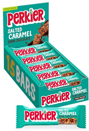 Perkier Salted Caramel Dark Chocolate Bars (15 Bars), Vegan, Gluten Free, Protein, High Fibre, Lower Sugar Snack, Natural Ingredients, Lower Calorie, Healthy, No Palm Oil, Nut Bar, Carbon Neutral