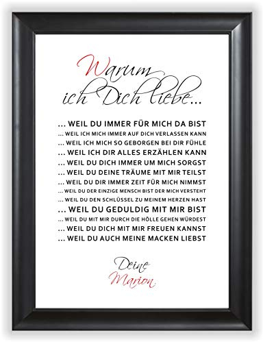 WARUM ich Dich liebe Liebeserklärung Danksagung Kunstdruck Geschenkidee Weihnachten Valentinstag für Frauen Männer für Sie oder Ihn Liebes-Paar Freund Freundin Partner DIN A4 liebeswerte Eigenschaften