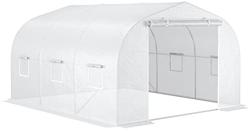 Outsunny Serre de Jardin Serre Tunnel de Jardin dim. 3,5L x 3l x 2H m Porte + 6 fenêtres enroulables Acier galvanisé bâche PE Haute densité Blanc