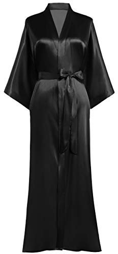 PRODESIGN Kimono Robe de Chambre Longue en Satin pour Femme Peignoir en Satin Monochrome Taille Unique Noir