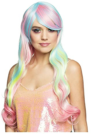 PAPSTAR NEU Perücke Damen Langhaar mit Pony Candy Style Heaven, türkis-rosa-gelb - mit Haarnetz
