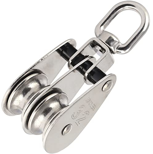 OPIOL QUALITY® Doppelblock mit Edelstahlrolle 35 mm aus Edelstahl A2 V2A (2 Stück) Block Umlenkrolle Blockseilrolle Seilrolle Doppelt Riemenscheibe Doppel-Flaschenzug Doppelwirbel Flaschenzug