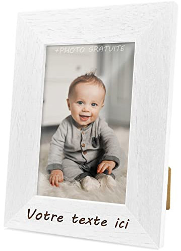 Cadre photo PERSONNALISABLE avec votre texte et votre photo – Fabriqué en bois de pin, Choisissez votre couleur, choisissez la taille, ajoutez votre texte et chargez votre image. (10 x 15 cm, BLANC)