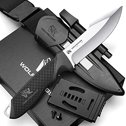 Wolfgangs W3 Outdoor Messer feststehende Klinge - Inkl. Scheide + Feuerstarter - Ideales Jagdmesser aus einem Stück 440C Stahl gefertigt - Premium Survival - Bushcraft (Silber)