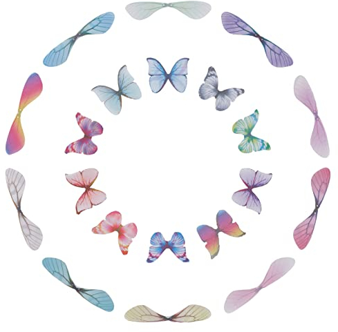 SUNNYCLUE 120 Stück 20 Stile Libelle Flügel Charms Fliegende Schmetterlingsflügel Anhänger Polyester Stoff Flügel Ornament Zubehör Für DIY Schmuck Basteln Ohrring Halskette Haarspange Dekoration