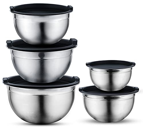 Vinod Set of 5 Stainless Steel Mixing Bowls with Lids - Meal Prep Bowls | Mix & Serve | Flat Bottom & Stackable | Heavy Duty, Easy to Clean, Space Saving, | Black Lids
